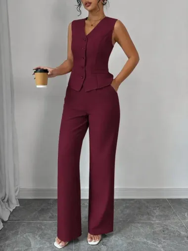 Kadın Askılı önden Düğmeli Bluz Ve Pantolon Keten Ikili Takım - M - Bordo
