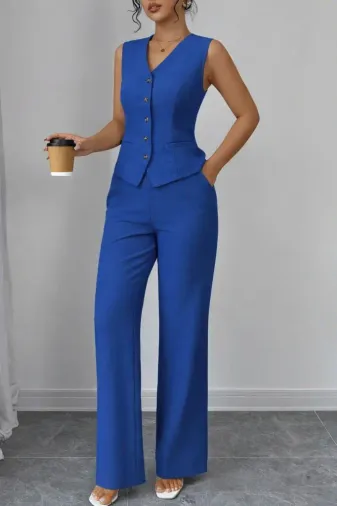 Kadın Askılı önden Düğmeli Bluz Ve Pantolon Keten Ikili Takım - M - Mavi