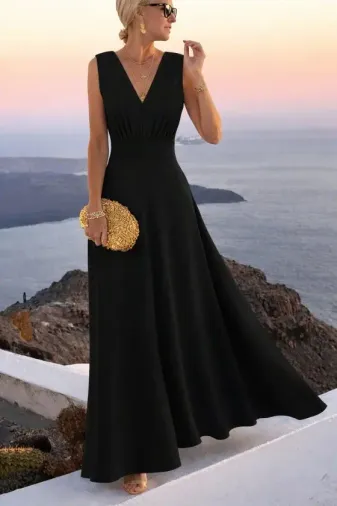 Kadın Askılı V Yakalı Bel Korsaj Detaylı Uzun Ithal Krep Elbise - 2XL-3XL - Siyah