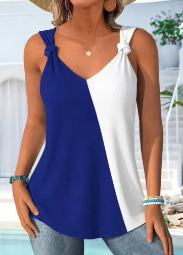 Kadın Askılı V Yakalı çift Renkli Askıları Bağcık Detaylı Bürümcük Bluz - 2XL-3XL - Mavi