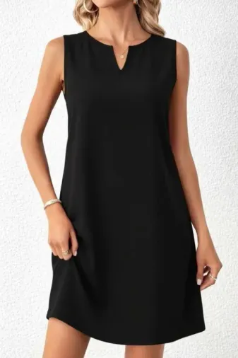 Kadın Askılı V Yakalı Geniş Kesim Detaylı Kısa Janjan Krep Elbise - 2XL-3XL - Siyah