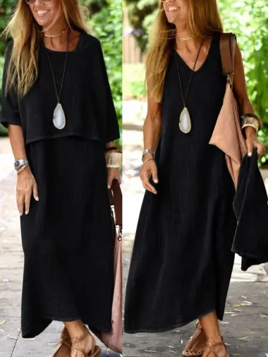 Kadın Askılı V Yakalı Uzun Pera Elbise Ve Kısa Kollu Salaş Bluz Ikili Takım - L-XL - Siyah