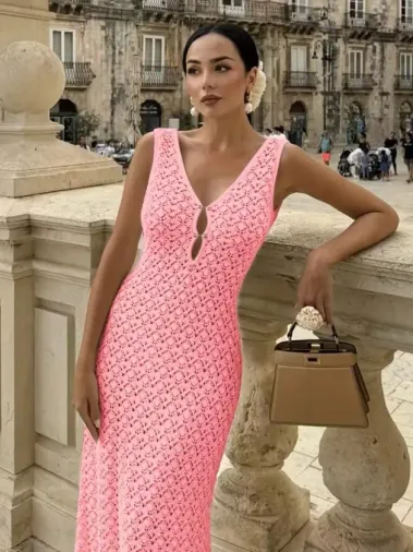 Kadın Askılı V Yakalı Uzun Triko Elbise - L-XL - Pembe