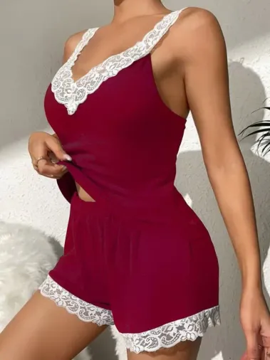 Kadın Askılı V Yakalı Viskon Bluz Ve Short Gecelik Takım - L-XL - Bordo