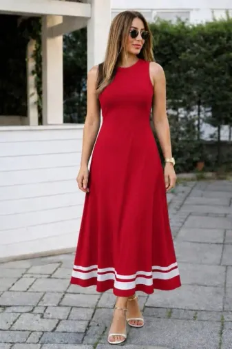 Kadın Askılı Yuvarlak Yakalı Etek Ucu şerit Detaylı Uzun Viskon Elbise - 2XL-3XL - Kırmızı
