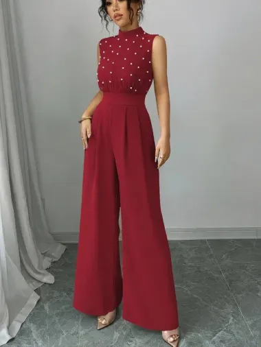 Kadın Balıkçı Yaka Kolsuz Incili Beli Kuşaklı Uzun Janjan Tulum - S-M - Kırmızı