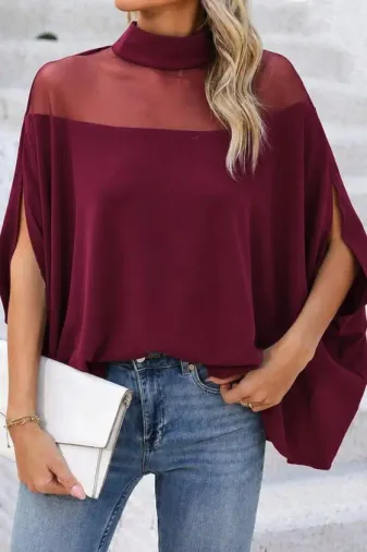 Kadın Balıkçı Yaka Tül Detaylı Yanlardan Açık Geniş Kesimli Sandy Bluz - S-M - Bordo