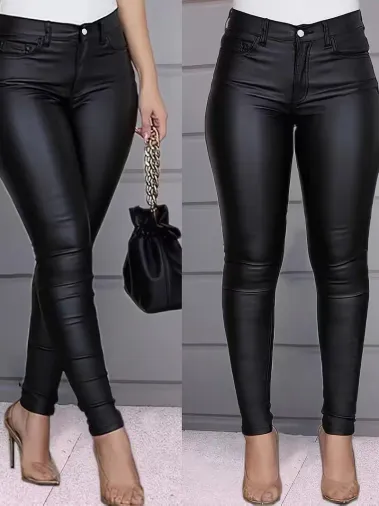 Kadın Bel Dar Kesim Cep Detaylı Deri Pantolon - 2XL-3XL - Siyah