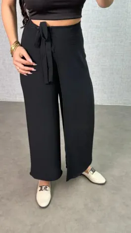 Kadın Beli Lastikli Bağcık Detay Aerobin Kumaş Etek Pantolon - L - Siyah