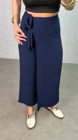 Kadın Beli Lastikli Bağcık Detay Aerobin Kumaş Etek Pantolon - XL - Lacivert