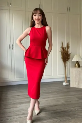 Kadın Bisiklet Yaka Volan Detay Double Kumaş Midi Boy Elbise - L - Kırmzı