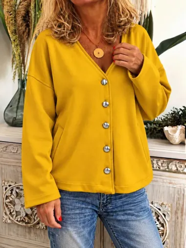 Kadın Düğme Detaylı V Yaka Oversize Hardal Sarısı Ceket / Hırka - S - Hardal Sarısı