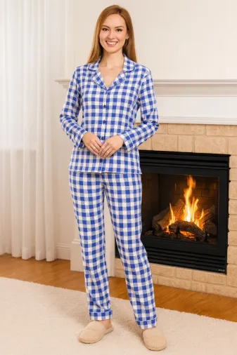 Kadın Ekose Desen Suprem Önü Düğmeli Pijama Takımı 0470 Mavi03