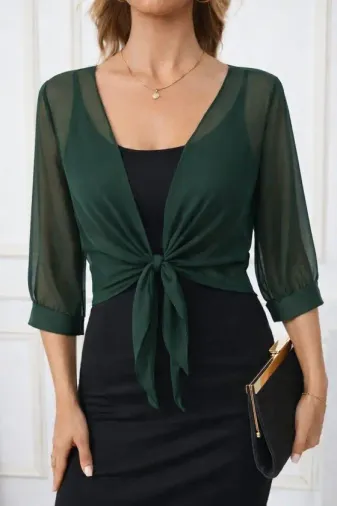 Kadın Fakir Kollu önden Bağlamalı Kısa şifon Bolero Ceket - L-XL - Yeşil