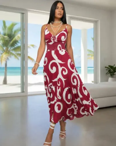 Kadın Ip Askılı Dekolteli Bağcıklı Yırtmaçlı Desenli Süprem Elbise - 2XL-3XL - Pembe
