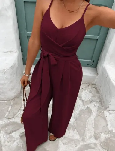 Kadın Ip Askılı V Yakalı Belden Kuşaklı Uzun Aerobin Tulum - L-XL - Bordo
