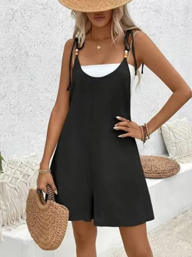 Kadın Ip Askılı Yuvarlak Yakalı Boncuk Detaylı Geniş Paçalı Salaş Kısa Pera Tulum - 3XL - Siyah