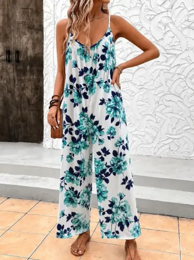 Kadın Ip Askılı Yuvarlak Yakalı Cep Detaylı Salaş Süprem Uzun Tulum - L-XL - Mavi