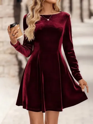 Kadın Kayık Yaka Uzun Kollu Kısa Kadife Elbise - L-XL - Bordo