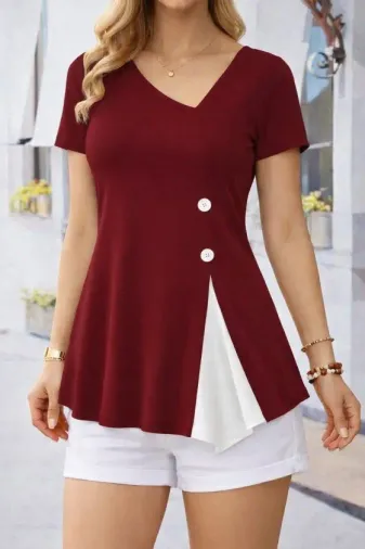 Kadın Kısa Kollu Asimetrik V Yakalı Düğme Detaylı Viskon Bluz - L-XL - Bordo