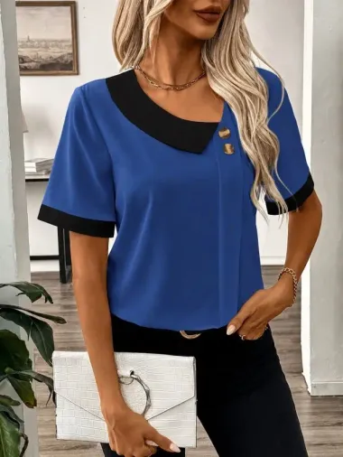 Kadın Kısa Kollu Asımetrik Yaka Detaylı Düğmeli Dubai Bluz - S-M - Mavi