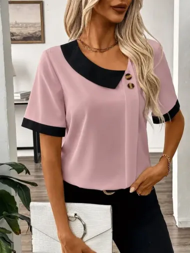 Kadın Kısa Kollu Asımetrik Yaka Detaylı Düğmeli Dubai Bluz - S-M - Pembe