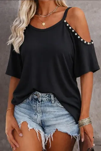 Kadın Kısa Kollu Askılı Omuzlardan Açık Incili Viskon Bluz - 2XL-3XL - Siyah