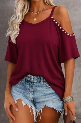 Kadın Kısa Kollu Askılı Omuzlardan Açık Incili Viskon Bluz - L-XL - Bordo