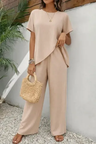 Kadın Kısa Kollu Bisiklet Yaka Asimetrik Kesim Detaylı Bürümcük Bluz Ve Pantolon Ikili Takım - 2XL-3XL - Bej