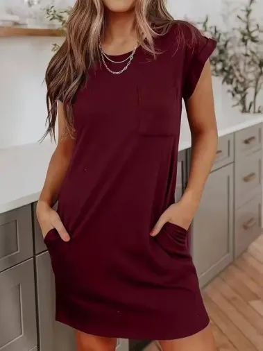 Kadın Kısa Kollu Bisiklet Yaka Cepli Kısa Viskon Iki Iplik Elbise - 2XL-3XL - Bordo