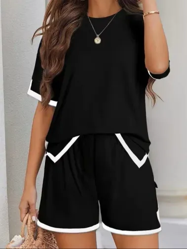 Kadın Kısa Kollu Bisiklet Yaka şerit Detaylı Viskon Iki Iplik Bluz Ve Kısa Short Ikili Takım - L-XL - Siyah