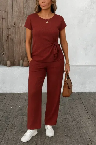 Kadın Kısa Kollu Bisiklet Yaka Yandan Bağlamalı Bürümcük Bluz Ve Pantolon Ikili Takım - 2XL-3XL - Bordo