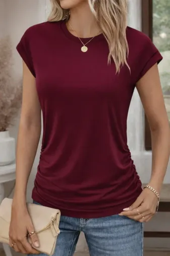 Kadın Kısa Kollu Bisiklet Yaka Yanlardan Büzgülü Iskon Bluz - 2XL-3XL - Bordo