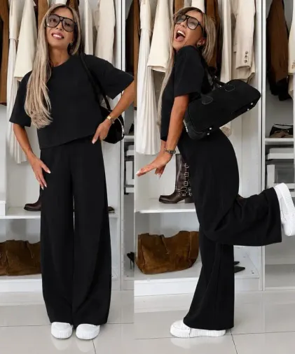 Kadın Kısa Kollu Bisiklet Yakalı Modal Bluz Ve Pantolon Ikili Takım - 2XL-3XL - Siyah