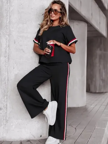 Kadın Kısa Kollu Bisiklet Yakalı Ribanalı Viskon Iki Iplik Bluz Ve Pantolon Ikili Takım - 2XL-3XL - Siyah