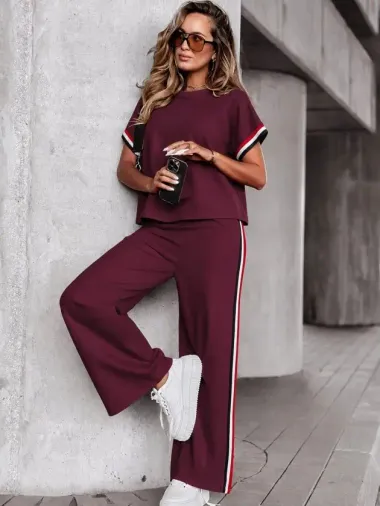 Kadın Kısa Kollu Bisiklet Yakalı Ribanalı Viskon Iki Iplik Bluz Ve Pantolon Ikili Takım - 2XL-3XL - Bordo