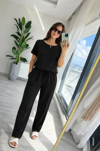 Kadın Kısa Kollu Bisiklet Yakalı Viskon Iki Iplik Bluz Ve Pantolon Ikili Takım - 2XL-3XL - Siyah