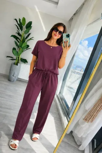 Kadın Kısa Kollu Bisiklet Yakalı Viskon Iki Iplik Bluz Ve Pantolon Ikili Takım - L-XL - Bordo