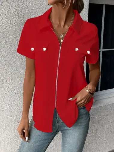 Kadın Kısa Kollu Ceket Yaka önü Fermuarlı Cep Detay Kısa Kol Ithal Krep Bluz - 2XL-3XL - Kırmızı