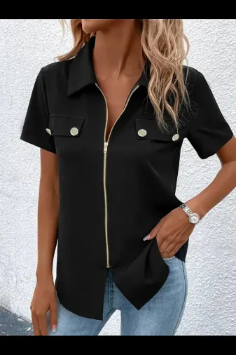 Kadın Kısa Kollu Ceket Yaka önü Fermuarlı Cep Detay Kısa Kol Ithal Krep Bluz - 2XL-3XL - Siyah