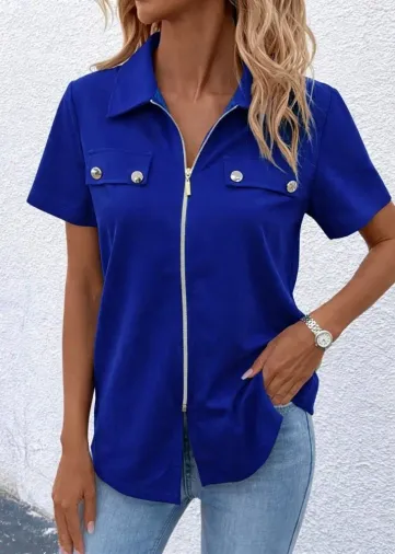 Kadın Kısa Kollu Ceket Yaka önü Fermuarlı Cep Detay Kısa Kol Ithal Krep Bluz - 2XL-3XL - Saks Mavi
