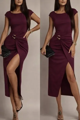 Kadın Kısa Kollu Geometrik Yakalı önden Açık Modal Mini Elbise - 2XL-3XL - Mürdüm