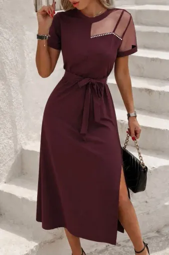 Kadın Kısa Kollu Halka Yakalı Tek Omuzu Tül Detaylı Incili Yırtmaçlı Midi Janjan Krep Elbise - L-XL - Bordo