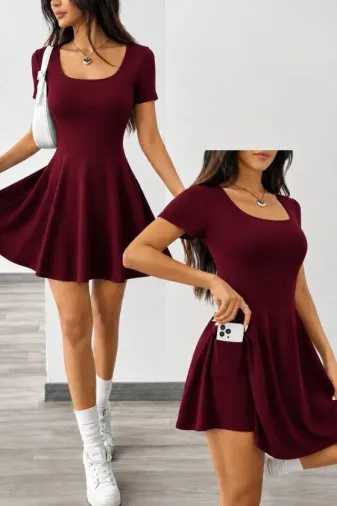 Kadın Kısa Kollu Kare Yakalı Cep Detaylı Dalgıç Elbise Tulum - S-M - Bordo