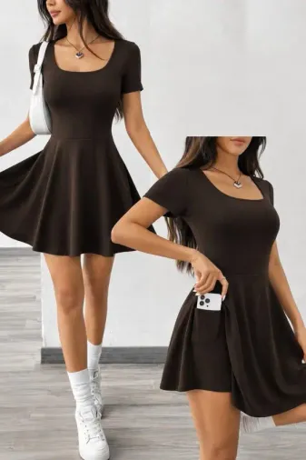 Kadın Kısa Kollu Kare Yakalı Cep Detaylı Dalgıç Elbise Tulum - L-XL - Kahve