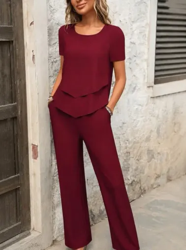 Kadın Kısa Kollu Kayık Yaka önü Asimetrik Detaylı Kısa Sandy Bluz Ve Pantolon Ikili Takım - L-XL - Bordo