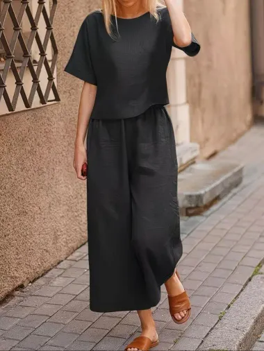 Kadın Kısa Kollu Kayık Yakalı Bluz Ve Pantolon Ikili Takım - L-XL - Siyah