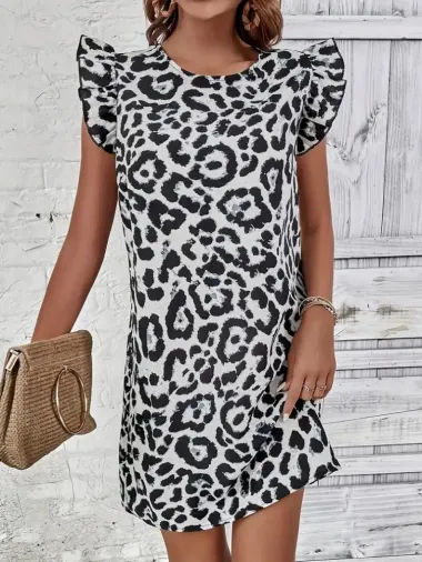Kadın Kısa Kollu Kolları Fırfır Detay Arkası Bağlamalı Leopar Desen Kolsuz Mini Mikro Elbise - 2XL-3XL - Beyaz