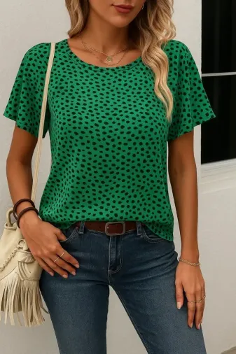 Kadın Kısa Kollu Kolları Volanlı Baskılı Süprem Bluz - L-XL - Yeşil