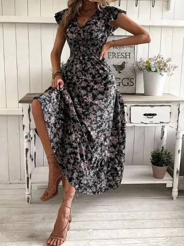 Kadın Kısa Kollu Kruvaze Yaka Beli Lastikli çiçek Desenli Elbise - 2XL-3XL - Siyah